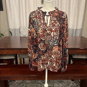 Melloday Womens Paisley Tie-Neck Blouse - Navy & Rust